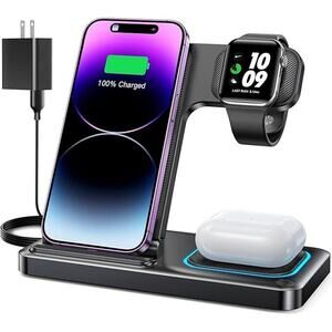 3-In-1 Wireless Fast Charger Charging Pad Foldable Stand Dock For Samsung iPhone